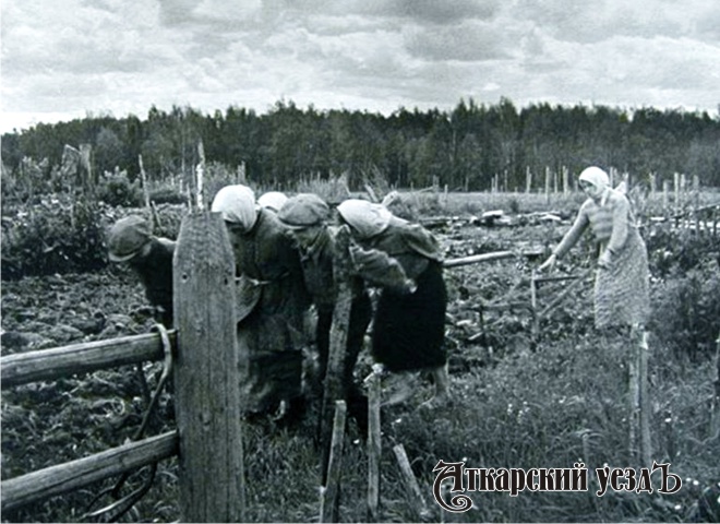 Женщина и дети пашут поле в годы Великой Отечественной войны